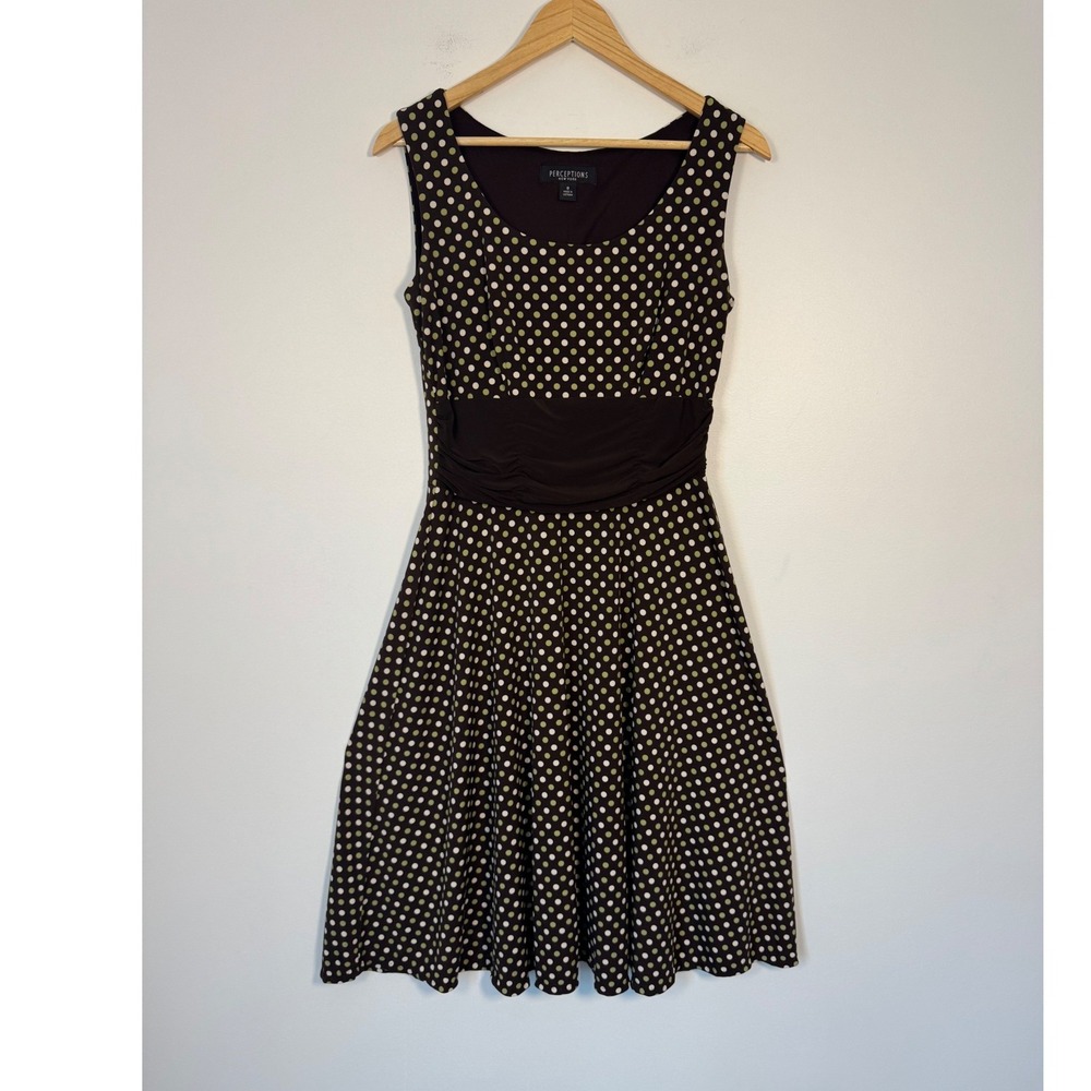 Retro Perceptions New York Womens 8 Fit Flare Dress Brown Polka Dot Ruched Waist